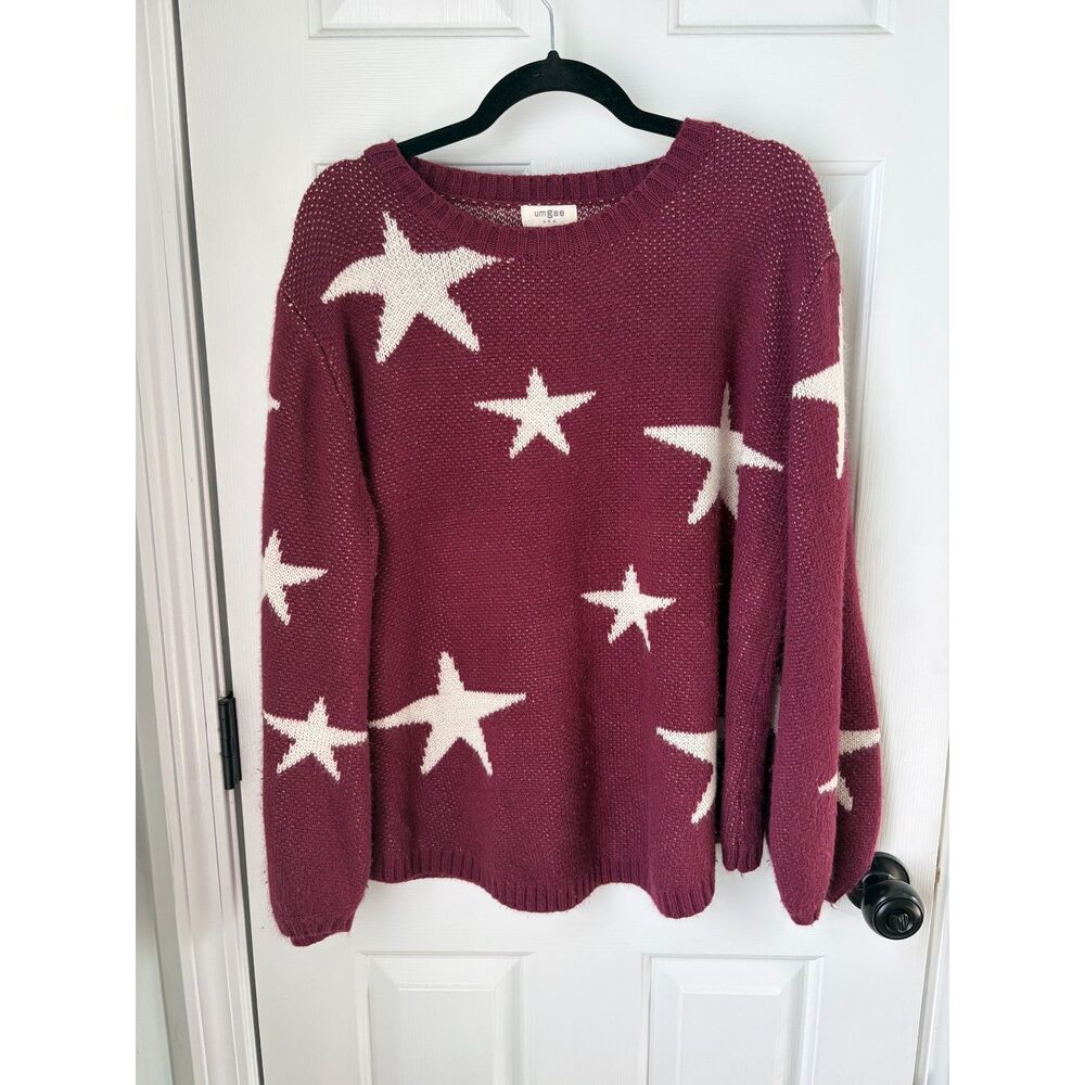 Umgee Red White Star Print Womens Sweater Cardigan Fall Size Large